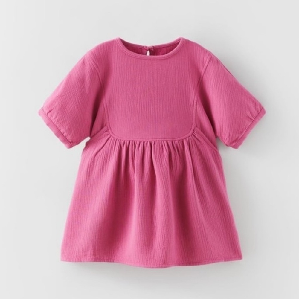 Zara Kid Pink Textured Peasant Dress with Pockets 3-4Y